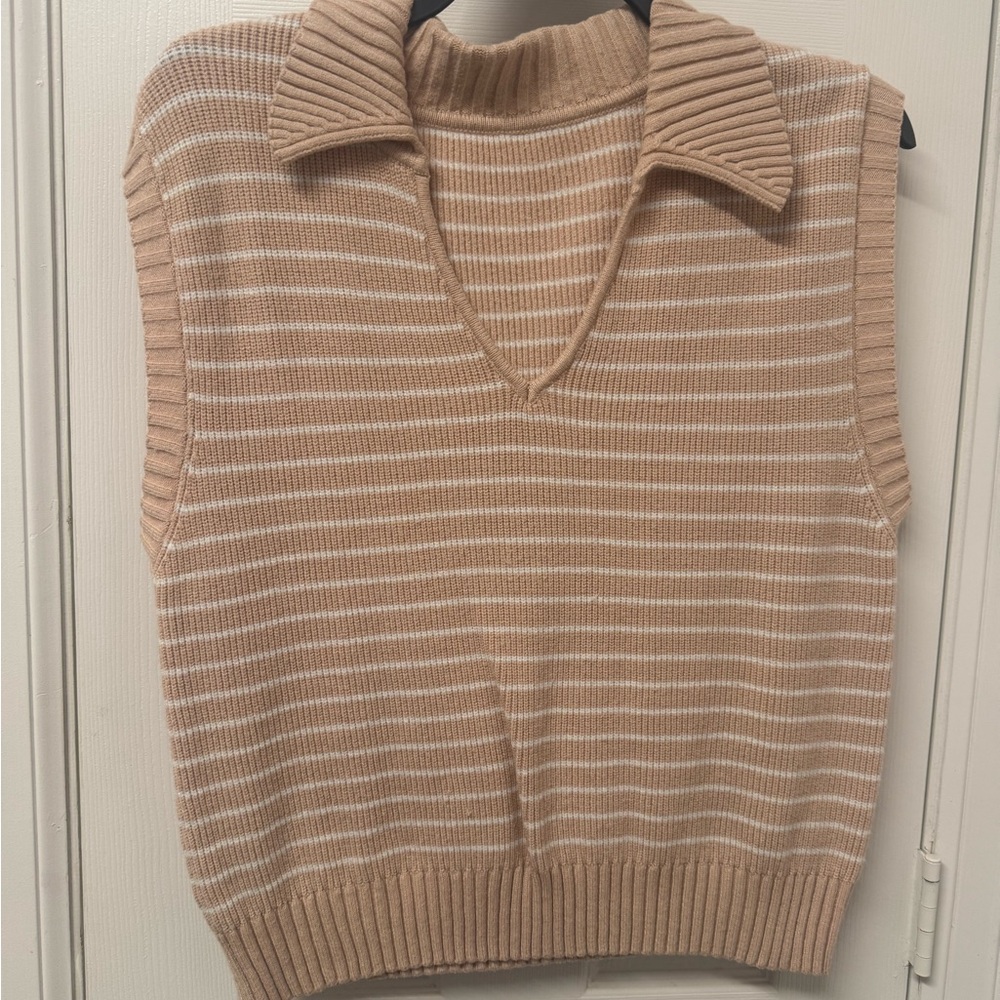 Amazon Women's V-Neck Sweater Vest in Tan and White